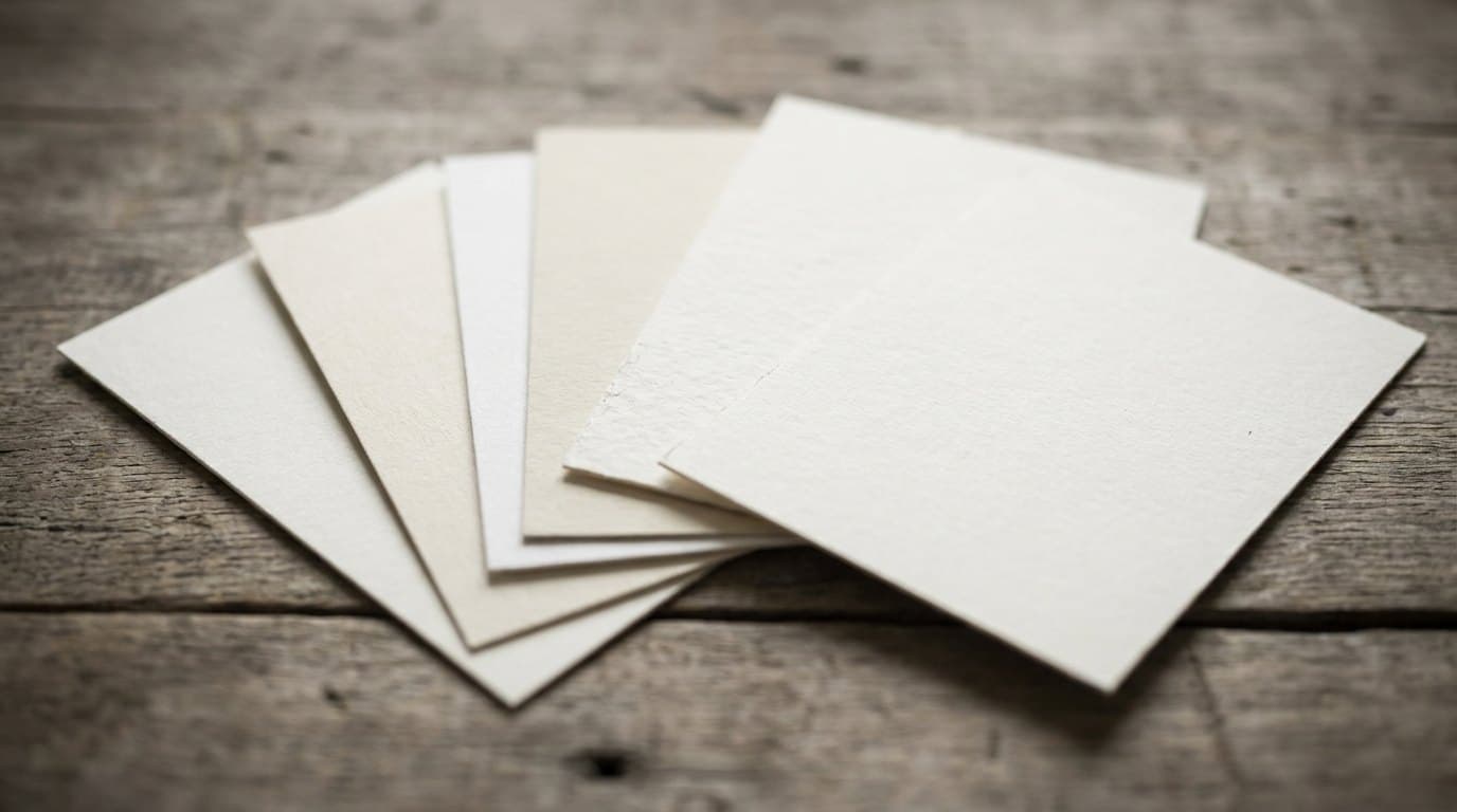 A fan of blank cover stocks in five weights on a worn wood bench